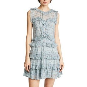 Rebecca Taylor Vine Floral Silk Chiffon Sleeveless Ruffle Mini Dress Mint Blue